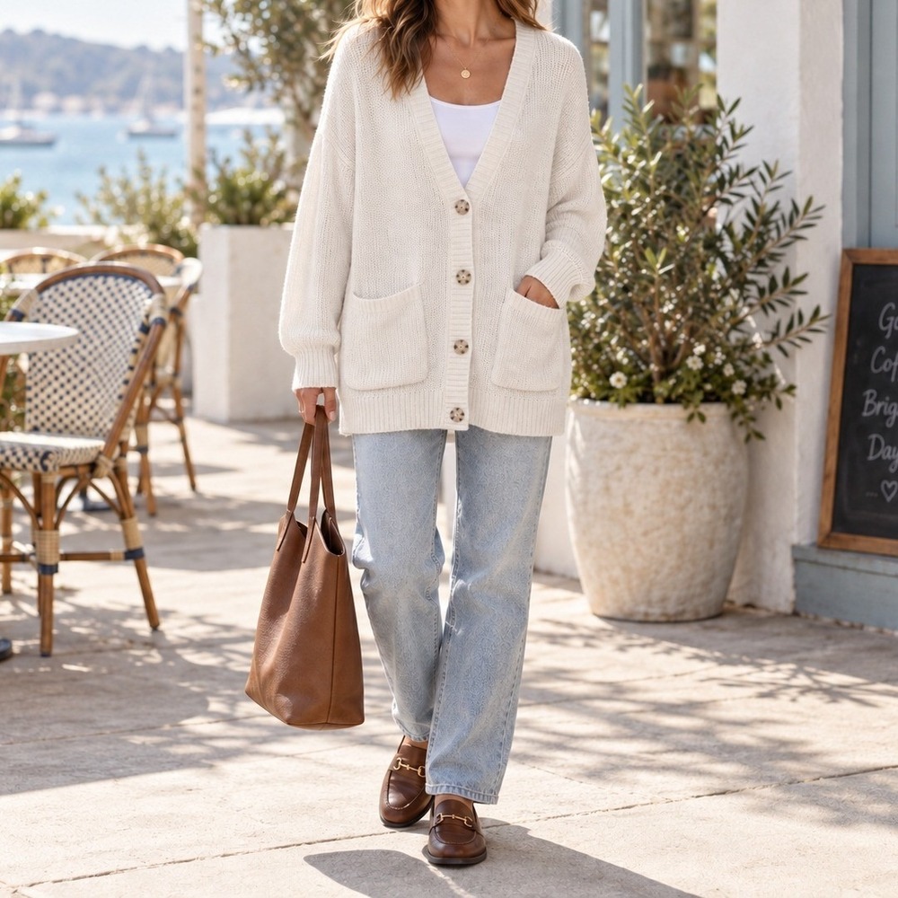 American Eagle Women's XL Cream Oversized Chunky Knit Cardigan Pockets Coastal